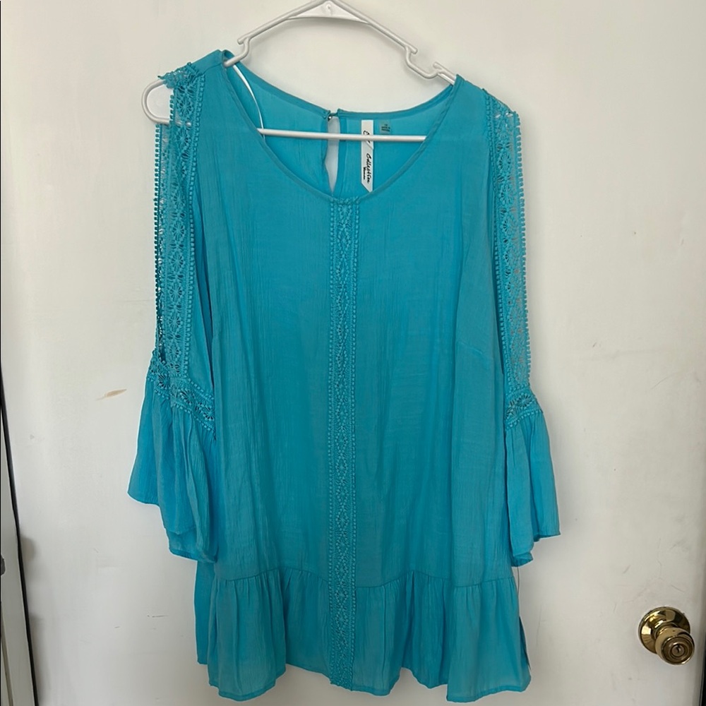 Blue Asymmetrical Ruffled Bell Sleeve Blouse NWT from Macys